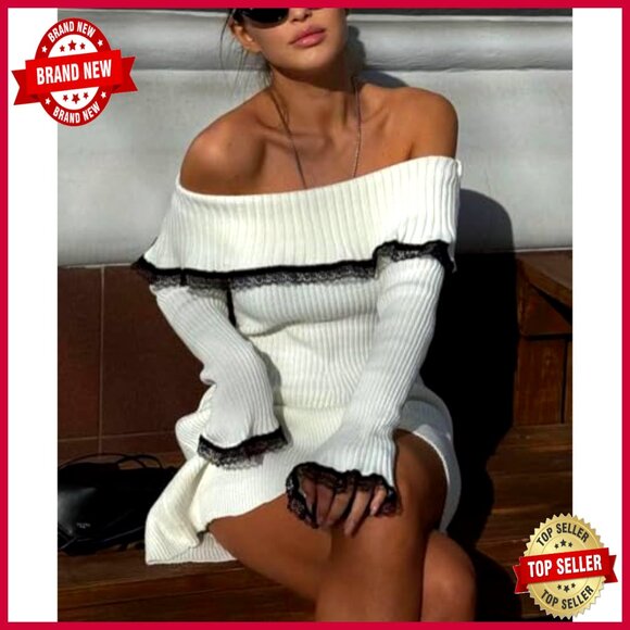 Off Shoulder Bodycon Sweater Dress Lace Trim Long Sleeve Knit Pullover Y2K - Picture 3 of 5